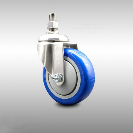 Service Caster 4 Inch 316SS Blue Polyurethane Wheel Swivel 12mm Threaded Stem Caster SCC SCC-SS316TS20S414-PPUB-BLUE-M1215